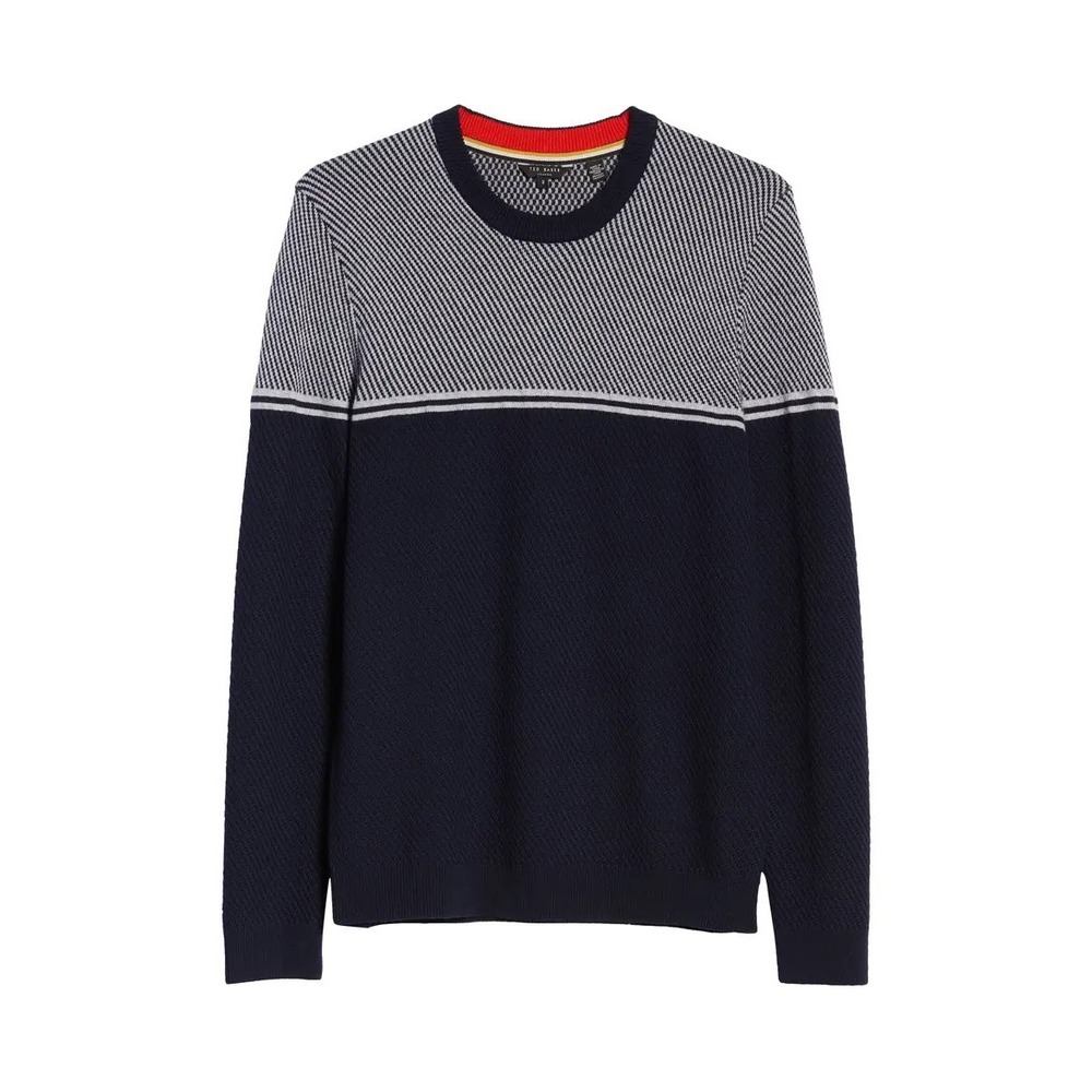 Ted Baker Bartun Stripe Sweater Mens XL SZ 5 Navy Stitch Crew Neck Preppy NWT